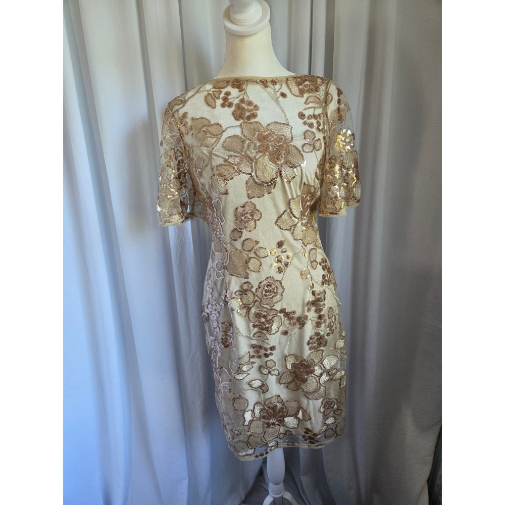Adrianna Papell Gold Floral Sequin Embroidery Sheath Cocktail Dress -NWT Size 6